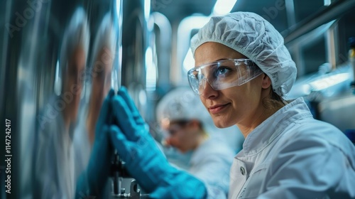 Workers in a dairy processing plant monitoring stainless steel pasteurization tanks, ensuring milk safety and quality photo