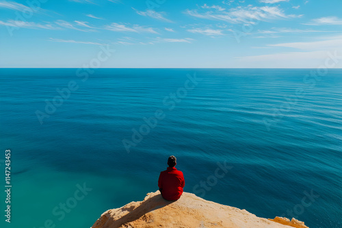 A solitary figure sits atop a cliff, gazing out at the endless blue ocean under a bright sky