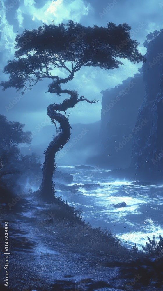 Mystical Twisted Tree by Stormy Ocean Cliffs at Night with Moody Blue Sky and Dramatic Waves Captures Serene Nature's Force and Tranquil Beauty in Enchanting Scene Mystical Twisted Tree by Stormy Ocean Cliffs at Night with Moody Blue Sky and Dramatic Waves Captures Serene Nature's Force and Tranquil Beauty in Enchanting Scene