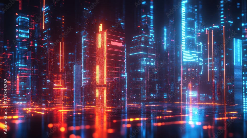 Fototapeta premium Futuristic cityscape at night with glowing neon lights.