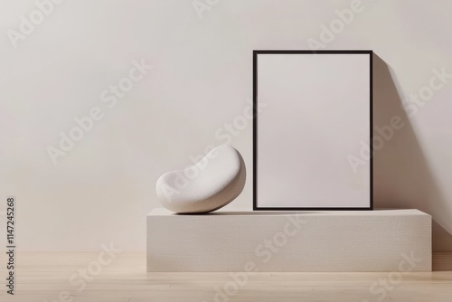 Fototapeta Naklejka Na Ścianę i Meble -  Gallery-style room with light wood floors, minimalist sculpture, vertical mockup frame, and soft lighting for dramatic effect.