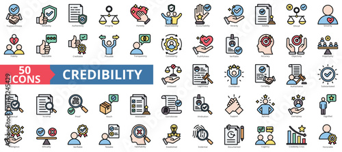Credibility icon collection set. Containing trustworthiness, reliability, authenticity, integrity, honesty, dependability, accountability icon. Simple flat outline color illustration.