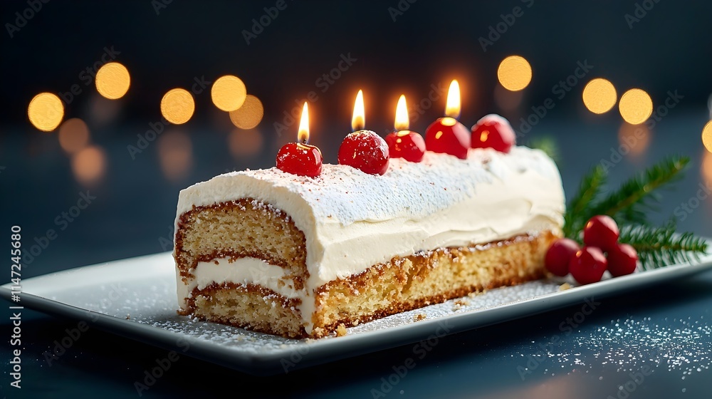 Festive Yule Log Cake with Berries and Candles for Celebration Festive Yule Log Cake with Berries and Candles for Celebration