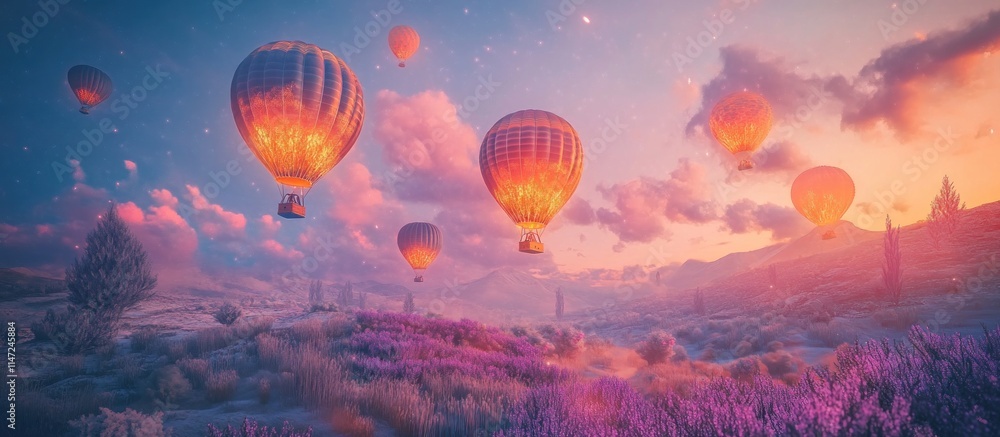 Fototapeta premium Hot air balloons fly over lavender field at sunset.