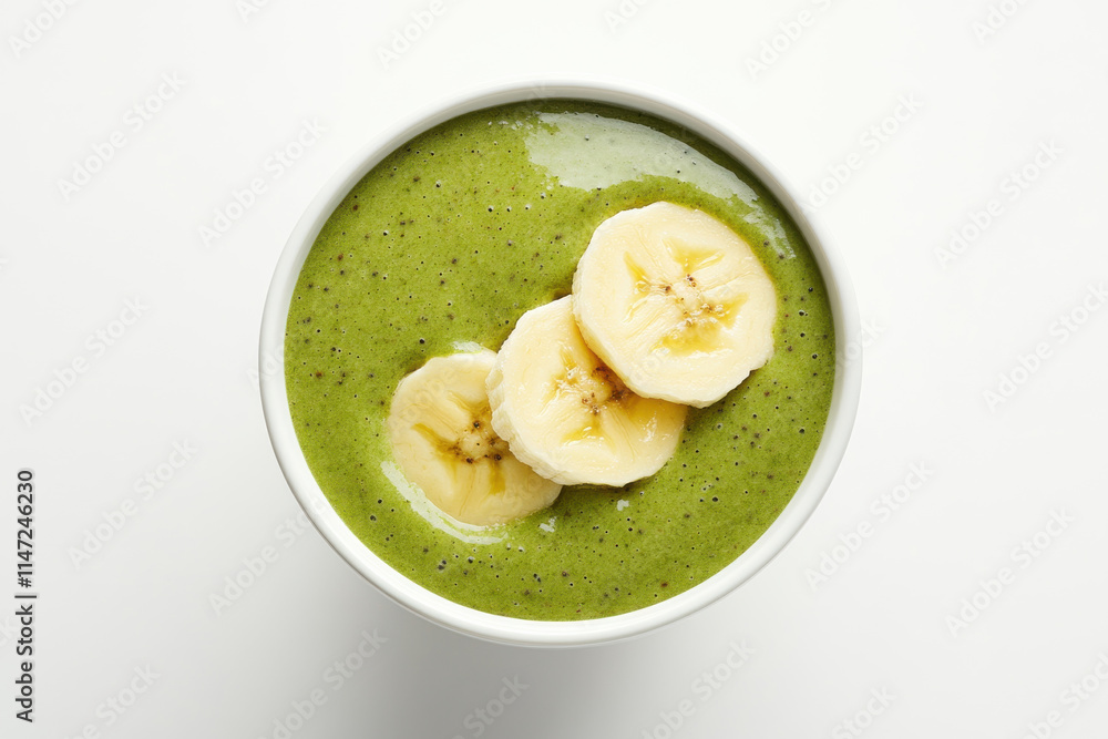 A bowl of green smoothie with banana slices on top A bowl of green smoothie with banana slices on top