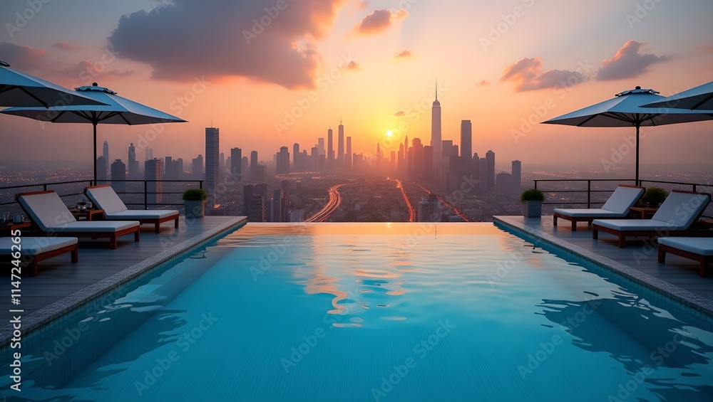 Fototapeta premium A rooftop infinity pool overlooking a vibrant city skyline at sunset