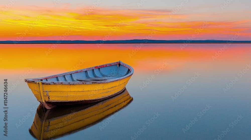 Serene sunset over calm lake with small yellow boat. Serene sunset over calm lake with small yellow boat.