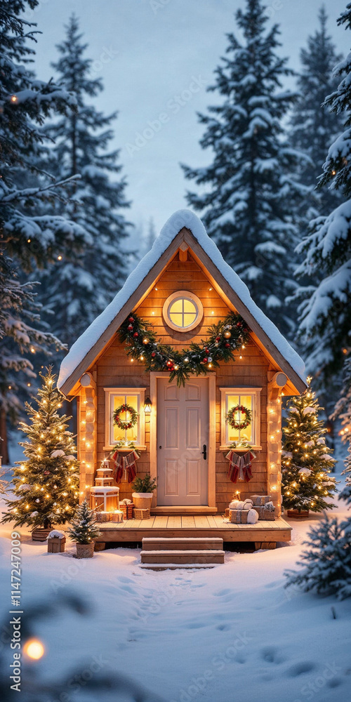 Concept photo of tiny house exterior with Christmas concept Concept photo of tiny house exterior with Christmas concept