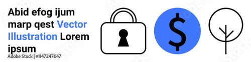 Padlock icon and dollar sign on blue circle signifying security and finance. Minimalist tree icon representing sustainability. Ideal for financial security, savings, eco-friendliness, growth