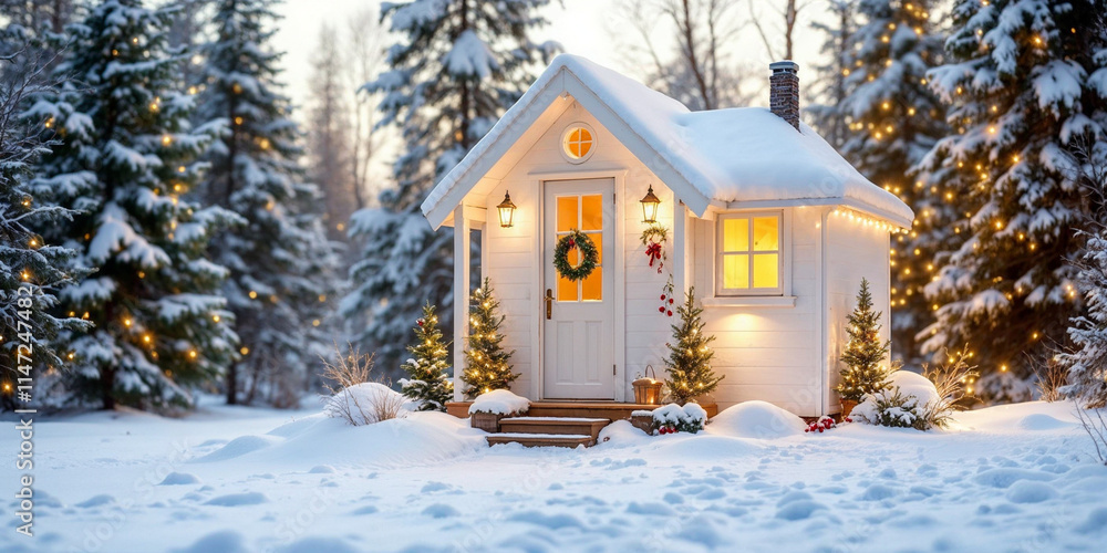 Concept photo of tiny house exterior with Christmas concept Concept photo of tiny house exterior with Christmas concept