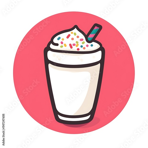 Delicious milkshake with colorful sprinkles and straw on circle background