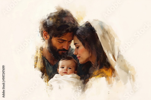 Oil painting of Holy family on light background. Virgin Mary and Saint Joseph holding infant Jesus Christ. Christian Art.