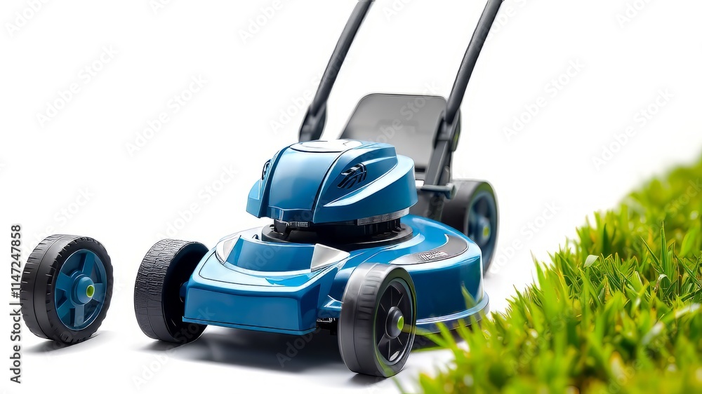Fototapeta premium Blue Lawn Mower, Isolated, High-Quality, AI Photo, Sharp Colors, Bright Lighting, Professional