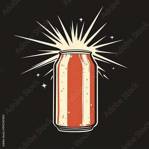 Retro Style Soda Can with Dynamic Burst and Sparkles Background