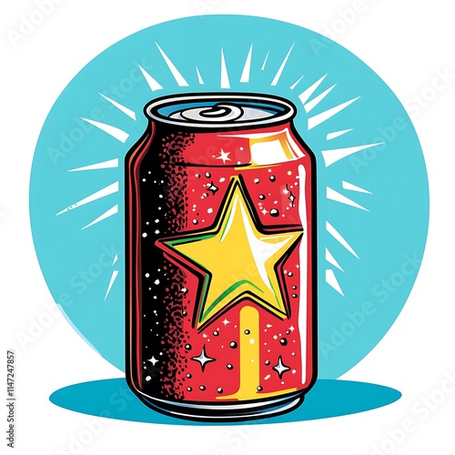 Colorful Retro Soda Can Illustration with Star Design and Rays