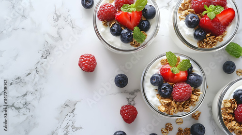 A top-down view of several parfait glasses filled with granola, yogurt, and fresh berries. Scattered berries also appear on the marble surface. This image is used as part of a collection of stock imag photo