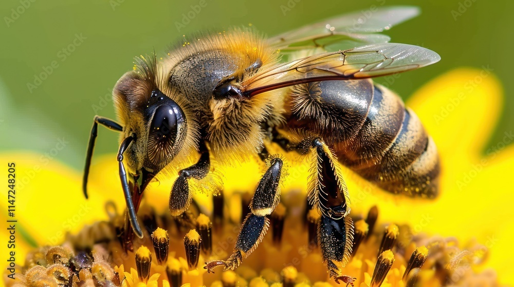 Close-up of a honeybee collecting pollen from a bright yellow sunflower. The bee's hairy body and intricate details are clearly visible. Close-up of a honeybee collecting pollen from a bright yellow sunflower. The bee's hairy body and intricate details are clearly visible.