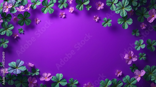 Shamrocks and flowers on a vivid violet background for Saint Patrick's Day