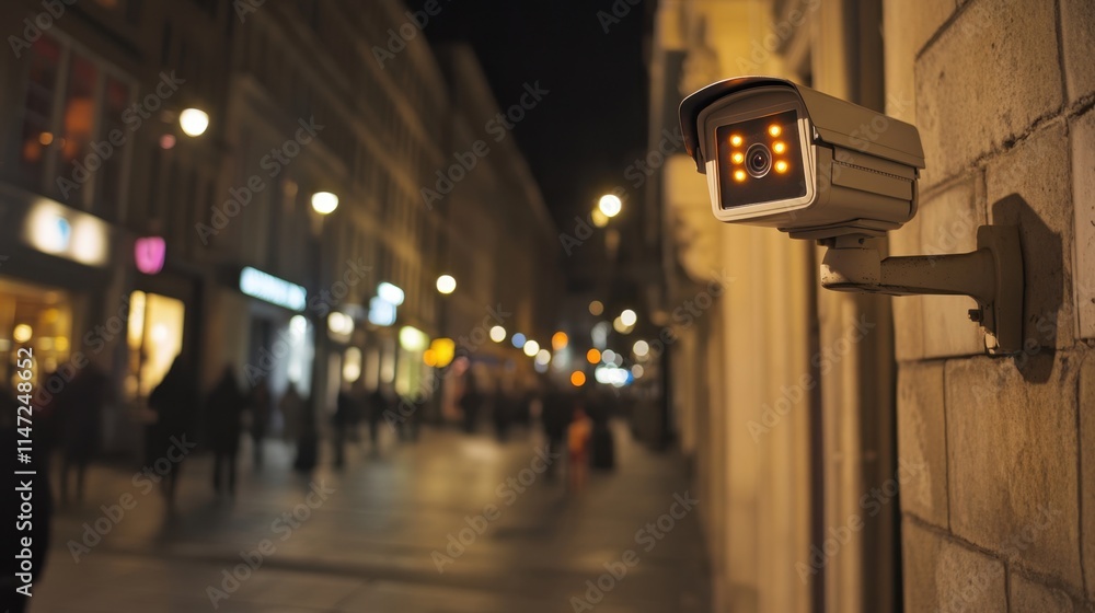 Fototapeta premium Security Camera Monitoring Street at Night with City Lights Glow