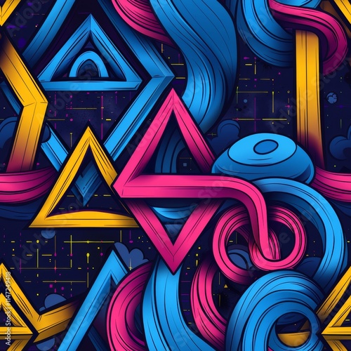 Vibrant abstract design of colorful triangles floating in space creating a captivating composition