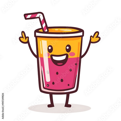 Happy Cartoon Drink Character with Straw and Cheerful Expression