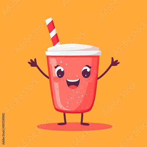 Cute Cartoon Character of Happy Drink with Straw on Bright Background