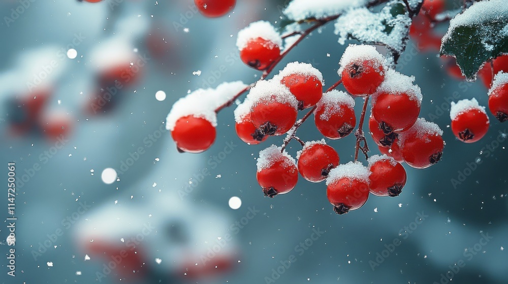 In winter, the ripe red fruits on the trees are covered with snow In winter, the ripe red fruits on the trees are covered with snow