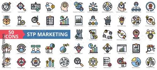 STP marketing icon collection set. Containing target audience, customer needs, value proposition, loyalty program, marketing mix, retention, buyer persona icon. Simple flat color illustration.
