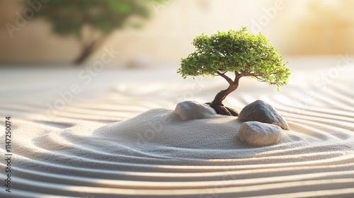 Tranquil Zen Garden with Bonsai Tree