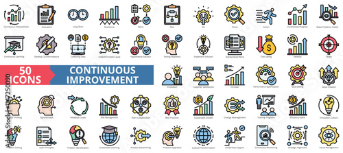 Continuous improvement icon collection set. Containing business, evaluation, innovation, hypothesis, management, optimization, performance icon. Simple flat color illustration.