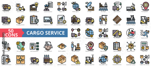 Cargo service icon collection set. Containing express delivery, warehousing, customs clearance, supply chain, global logistics, air cargo, sea freight icon.Simple flat color illustration.