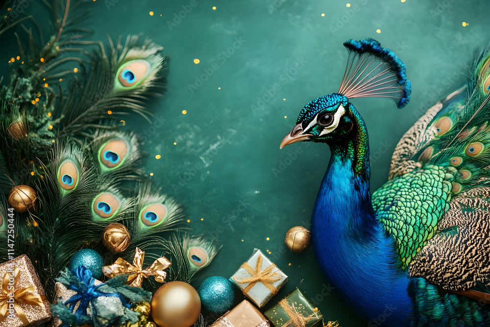Obraz premium A stunning peacock displays intricate feathers surrounded by colorful ornaments and presents