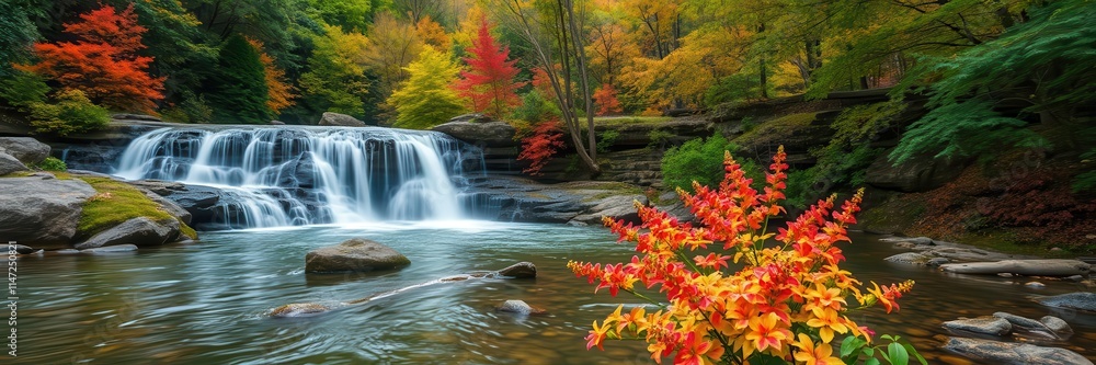 Obraz premium A stunning waterfall cascading down lush green rocks, surrounded by vibrant flowers and trees, peaceful, colorful, nature