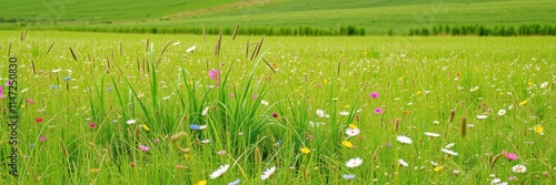 Lush green meadow with colorful wildflowers and rolling hills in the countryside, meadow, flora, landscape