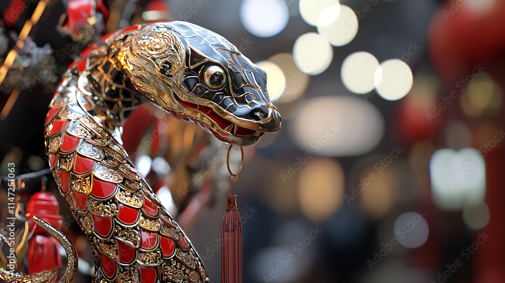 Obraz premium A snake with a red and gold head and a red and gold tail