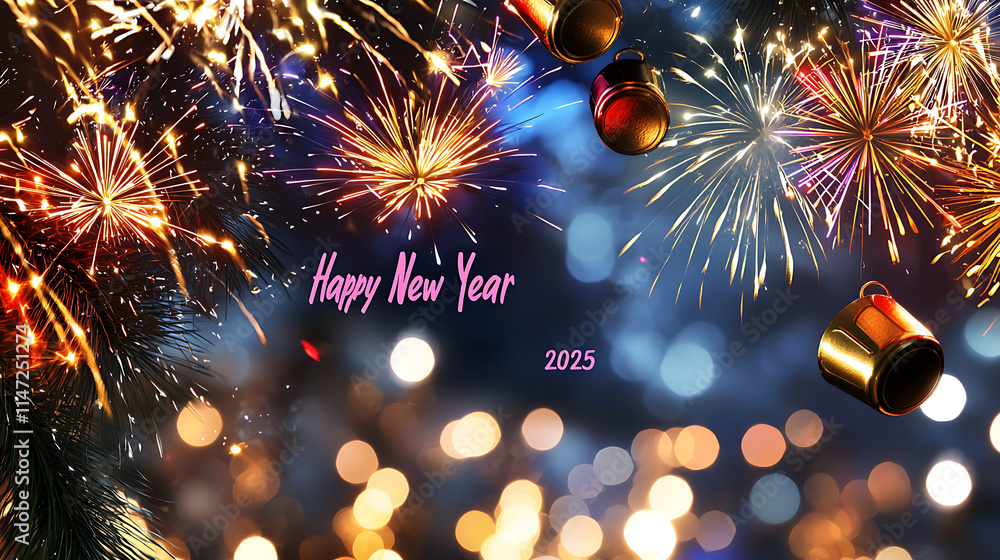 Fototapeta premium A colorful image of fireworks and a banner that says Happy New Year