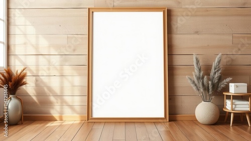 Blank wooden frame standing on a rustic wooden floor, photography, rustic, background