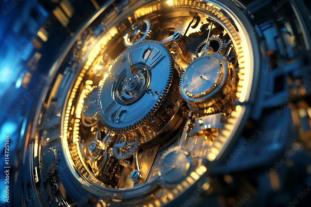 Detailed view of a futuristic mechanical clockwork mechanism. Concept of time, precision, and technology. Detailed view of a futuristic mechanical clockwork mechanism. Concept of time, precision, and technology.