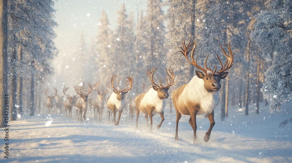 Fototapeta premium Reindeer herd running through snowy forest.