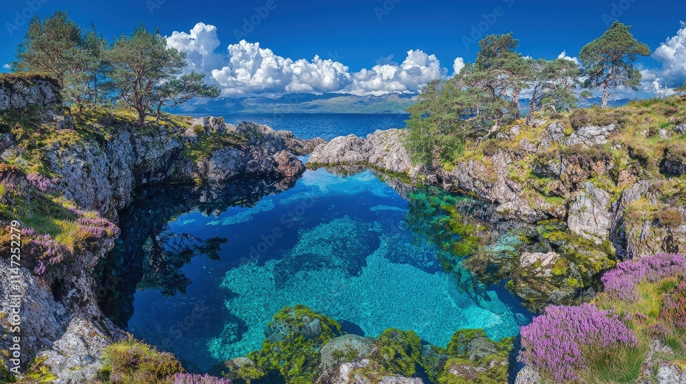 Serene coastal pool with crystal-clear water, surrounded by rocks and heather under a vibrant sky.