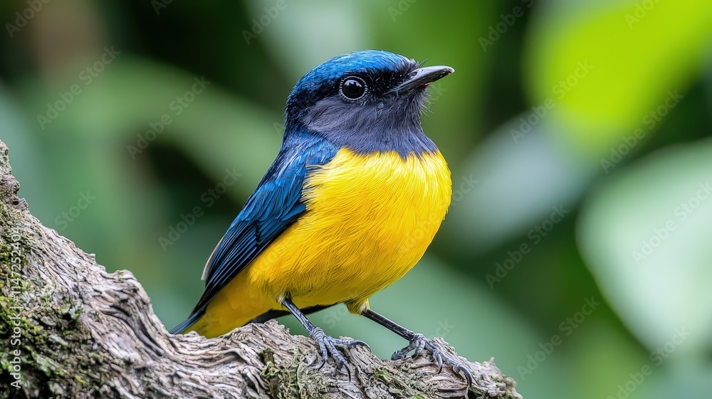 Obraz premium A vibrant blue and yellow flycatcher bird perched on a mossy tree branch against a soft blurred green forest background.