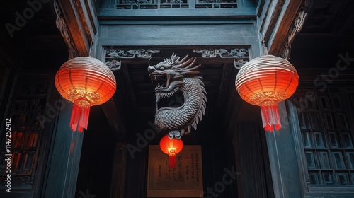 Ancient Chinese architecture, with wooden houses inside and red lanterns hanging from them photo