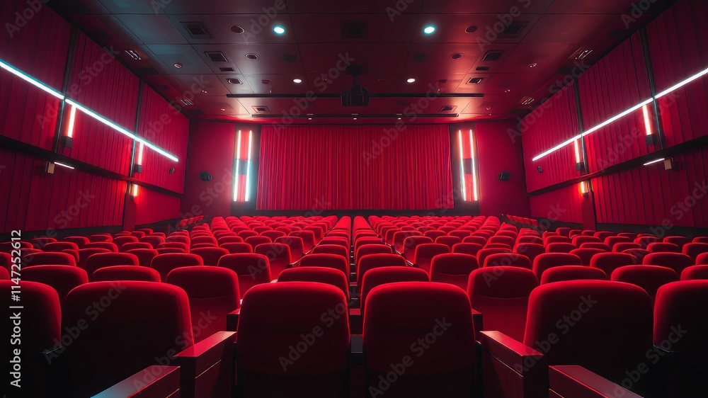 Fototapeta premium Empty Cinema Hall - Red Seats, Neon Lights, Illuminated Aisle - AI Photo