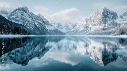 The majestic snow capped mountains and lakes below, with symmetrical reflections photo