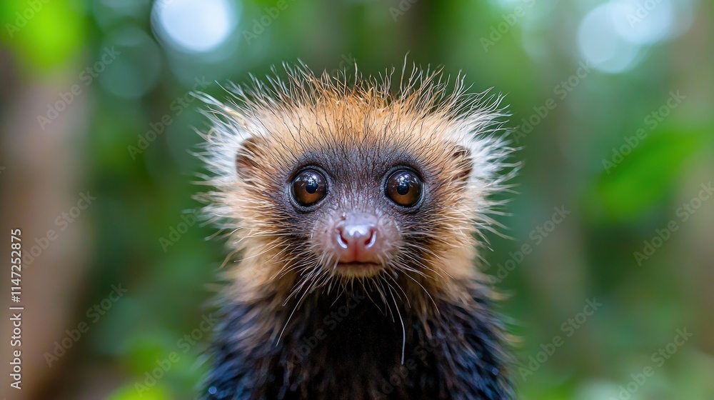 Adorable baby primate with fluffy fur, staring directly at the camera in a lush green forest. Adorable baby primate with fluffy fur, staring directly at the camera in a lush green forest.