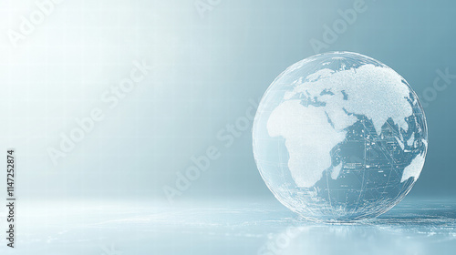 Background of light blue with a white digital globe and tech elements, light background, ample copy space for text