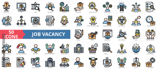 Job vacancy icon collection set. Containing online job search, requirements, recruiting, employment, human resource management, employee skills, career ladder icon. Simple flat outline color