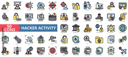Hacker activity icon collection set. Containing hacker activity, artificial intelligence, cloud technology, worm virus, hacking, phishing, encryption icon. Simple flat outline color illustration.