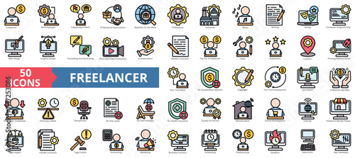 Freelancer icon collection set. Containing self employed, independent work, professional, website, worker, industries, skills icon. Simple flat outline color illustration.
