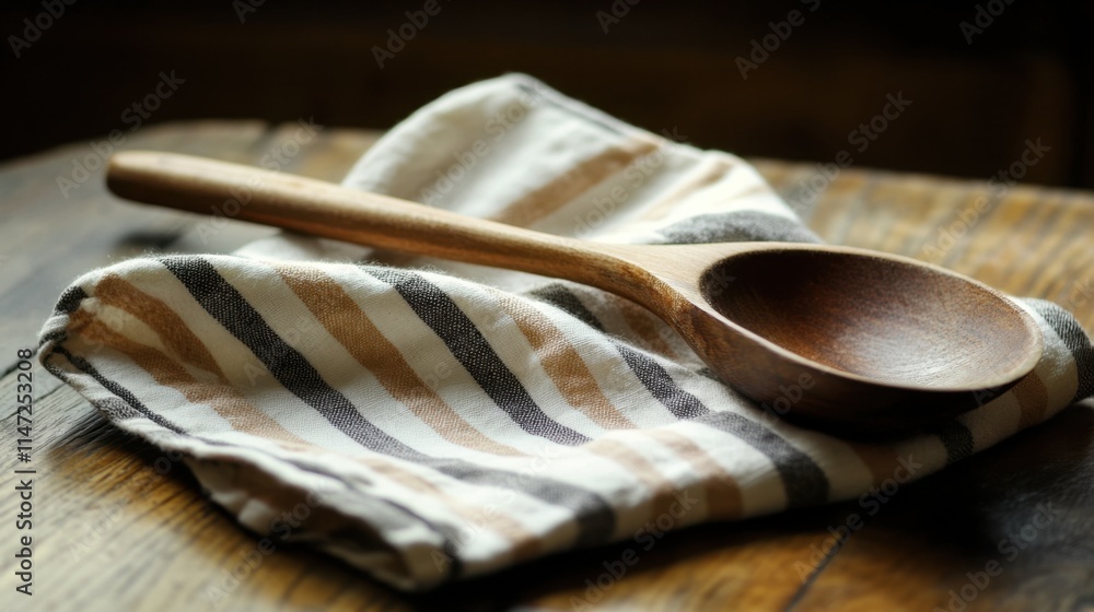 Wooden Spoon on Striped Towel in Natural Light Setting Wooden Spoon on Striped Towel in Natural Light Setting